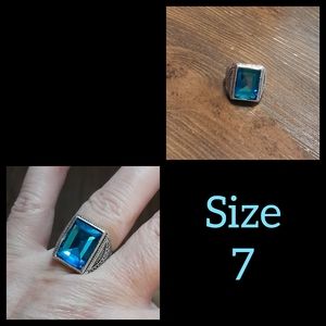 Tribal Silver Plated Aquamarine Rhinestone Ring Size 7